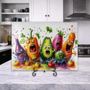May include: A colorful, cartoon-style cutting board featuring anthropomorphic vegetables with surprised expressions. The vegetables include a purple onion, orange pepper, avocado, green pepper, red beet, and carrot. The board is displayed on a black metal stand.