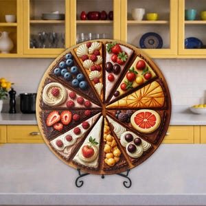 May include: A round wooden serving board featuring twelve different slices of dessert, including fruit tarts, cakes, and pies. The board is displayed on a black metal stand. The desserts are decorated with blueberries, strawberries, cherries, and other fruits.