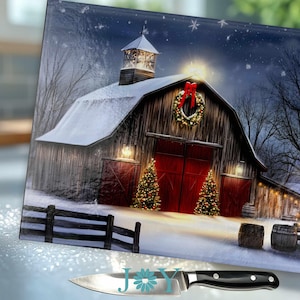 Christmas Barn Kitchen Glass Cutting Board - Durable Tempered Glass Chopping Board - Elegant Charcuterie and Cheese Tray - Joy Art Board
