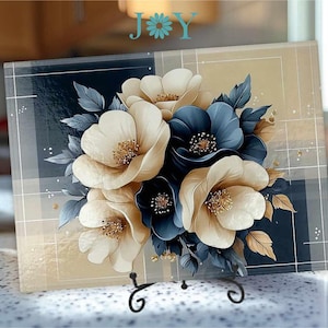 Beige and Blue Flowers Kitchen Glass Cutting Boards, Chopping Slicing and Dicing Tempered Glass, Cheese and Charcuterie Serving Tray
