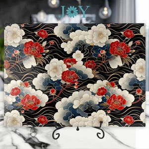 Japanese Flowers Kitchen Glass Cutting Board - Tempered Glass Food Prep - Cheese and Charcuterie Glass Serving Tray - House & Kitchen Decor