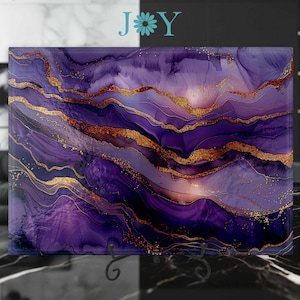 Glass Cutting Board - Kitchen Tempered Glass Chopping Board - Cheese and Charcuterie Tray - Housewarming Gift Kitchen Decor - Purple Marble
