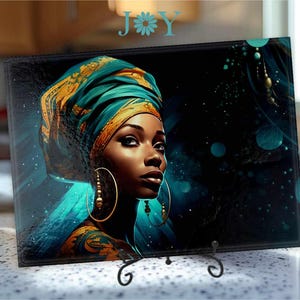 Elegant Afro Girl Glass Cutting Board - Tempered Glass Chopping Board - Cheese and Charcuterie Tray - Kitchen Decor Housewarming Gift Idea