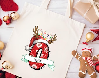 Personalized Christmas Tote Bag with Initial and Name – Custom Holiday Reindeer Bag, Santa Gift Sack, Family Name Christmas Canvas Bags