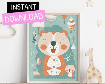 Bear print, Modern kids wall art, Nursery print, Kids room decor,  Printable digital download, Cute poster for kids, Baby shower gift