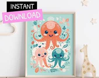 Octopus print, Modern kids wall art, Nursery print, Kids room decor,  Printable digital download, Cute poster for kids, Baby shower gift