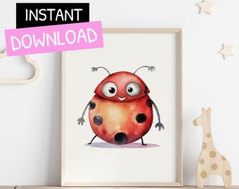 Printable Ladybug Wall Art, Girl Animal Digital Print, Downloadable Nursery Woodland Poster, Boho Theme Kids Bedroom Decor, Toddler Room,