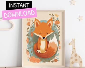 Fox print, Modern kids wall art, Nursery print, Kids room decor,  Printable digital download, Cute poster for kids, Baby shower gift