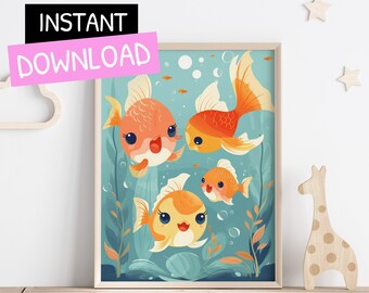 Fish print, Modern kids wall art, Nursery print, Kids room decor,  Printable digital download, Cute poster for kids, Baby shower gift