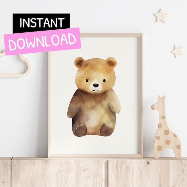 Printable Bear l Wall Art, Girl Animal Digital Print, Downloadable Nursery Woodland Poster, Boho Theme Kids Bedroom Decor, Toddler Room,