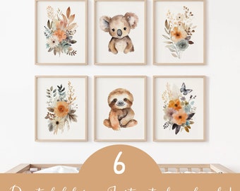 Set of 6 Printable Wall Art, Girl Animal Digital Print, Downloadable Nursery Woodland Poster, Boho Theme Kids Bedroom Decor, Toddler room,