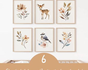 Set of 6 Printable Wall Art, Girl Animal Digital Print, Downloadable Nursery Woodland Poster, Boho Theme Kids Bedroom Decor, Toddler room,