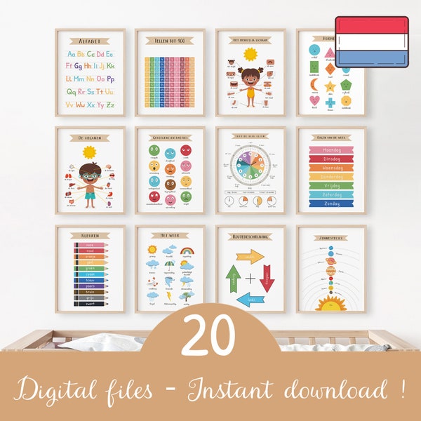 Set van 20 educatieve digitale prints, afdrukbare Montessori kunst aan de muur, downloadbare basisschoolposter, decor voor thuiskwekerij, Nederlands