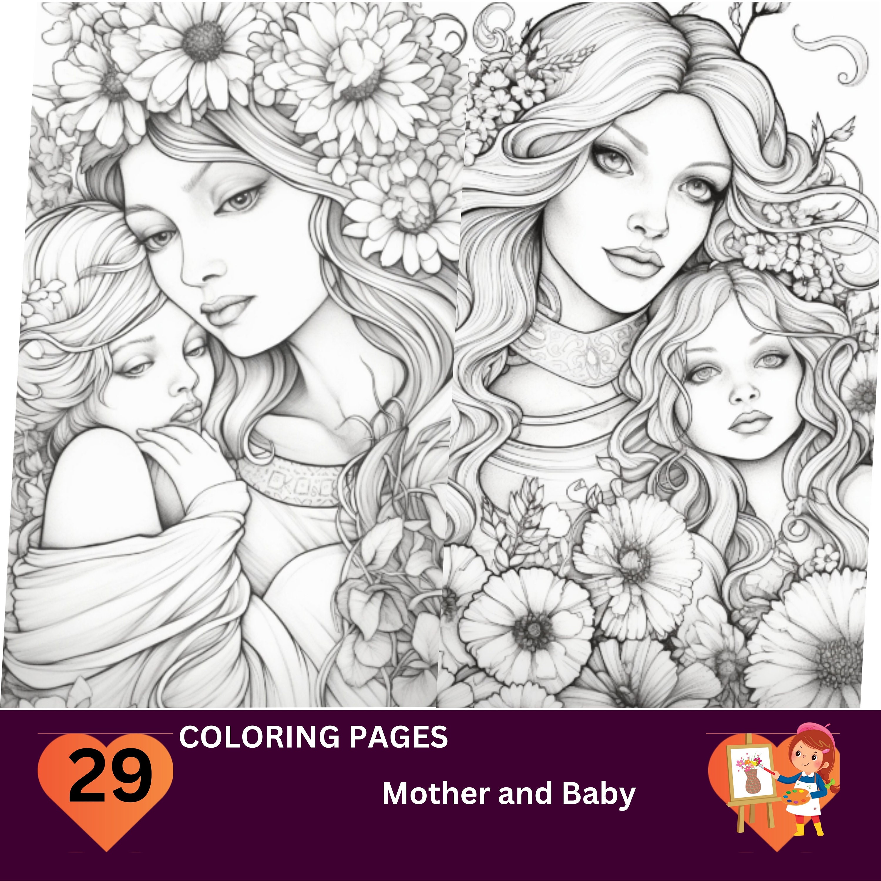 29 Mother and Baby Coloring Pages, Adults Kids Instant Download