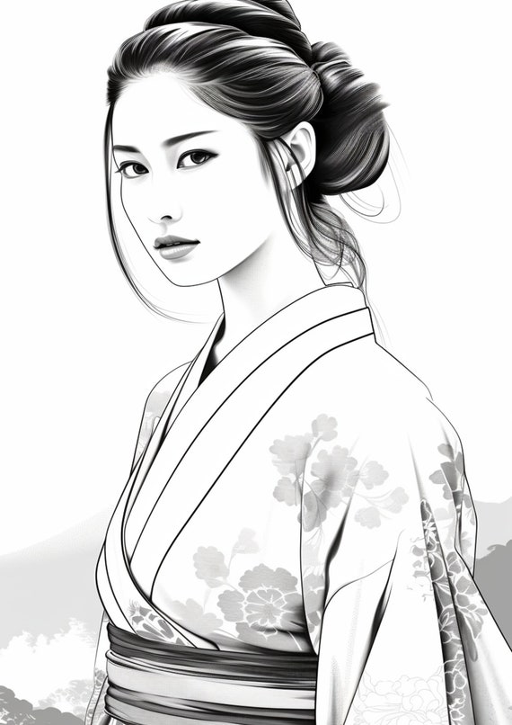 22 Japanese Woman Coloring Pages, Adults + Kids- Instant Download