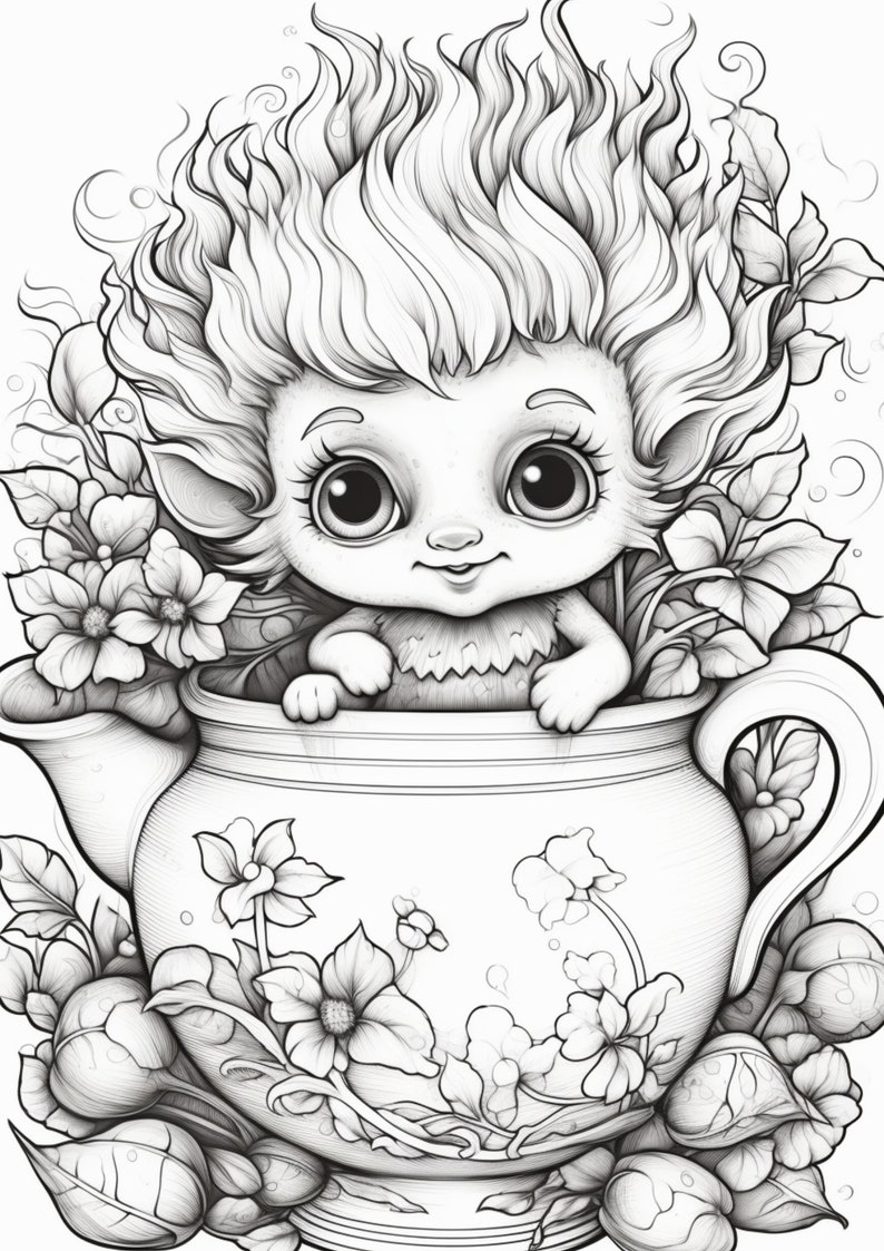 27 Cute Fantasy Coloring Pages, Adults Kids Instant Download, Grayscale