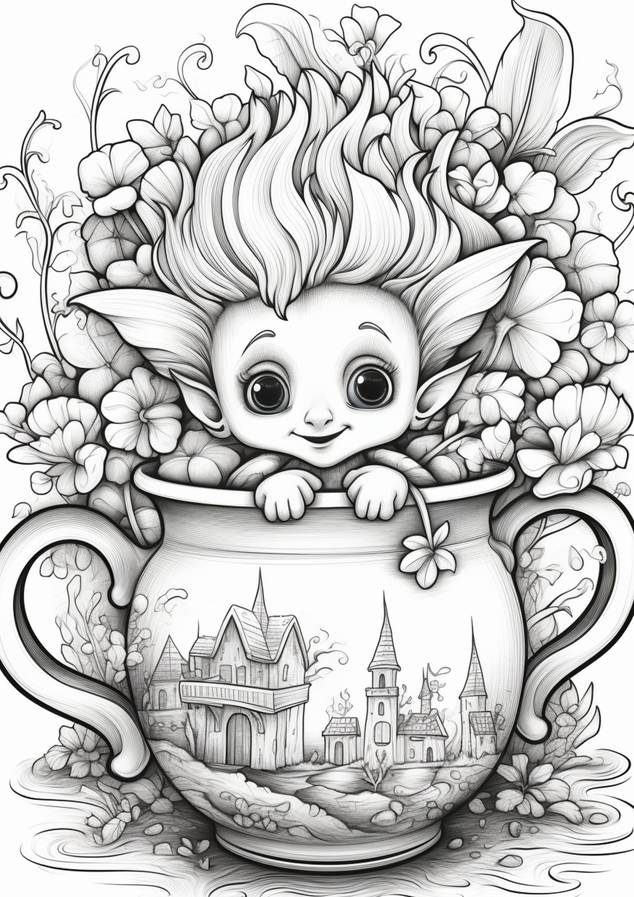 27 Cute Fantasy Coloring Pages, Adults Kids Instant Download, Grayscale ...