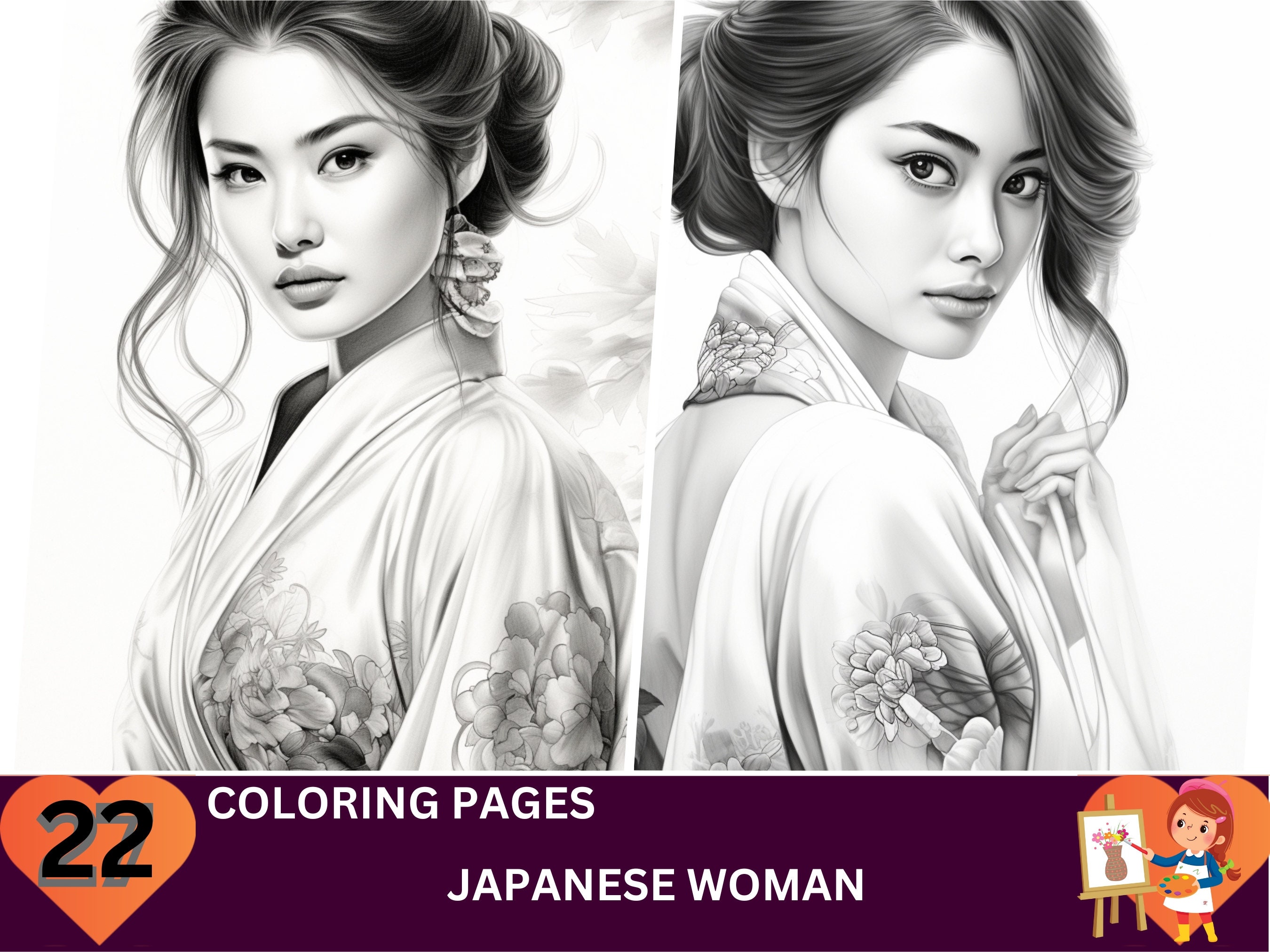 22 Japanese Woman Coloring Pages, Adults + Kids- Instant Download