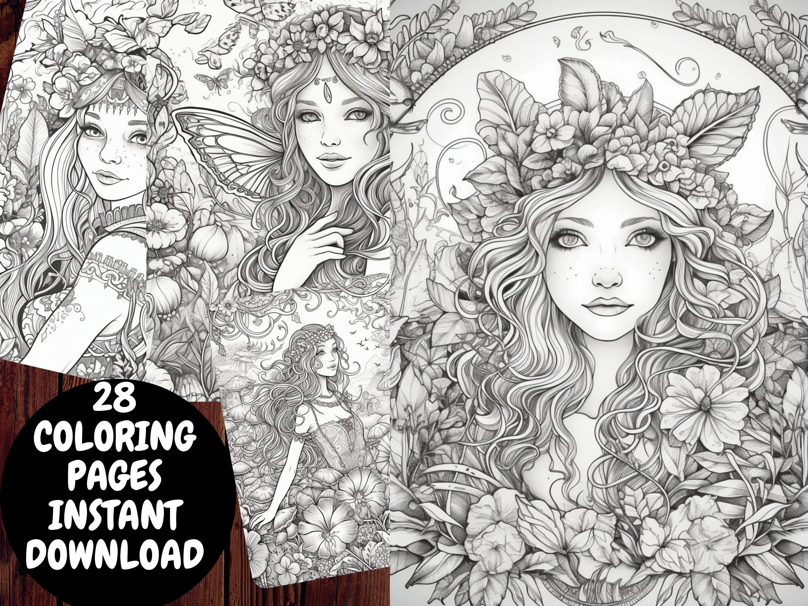 28  Magical Fairies Coloring Pages, Adults + kids- Instant Download, Grayscale, Gift, Printable Art, Fall Mandala Floral Coloring Books PDF