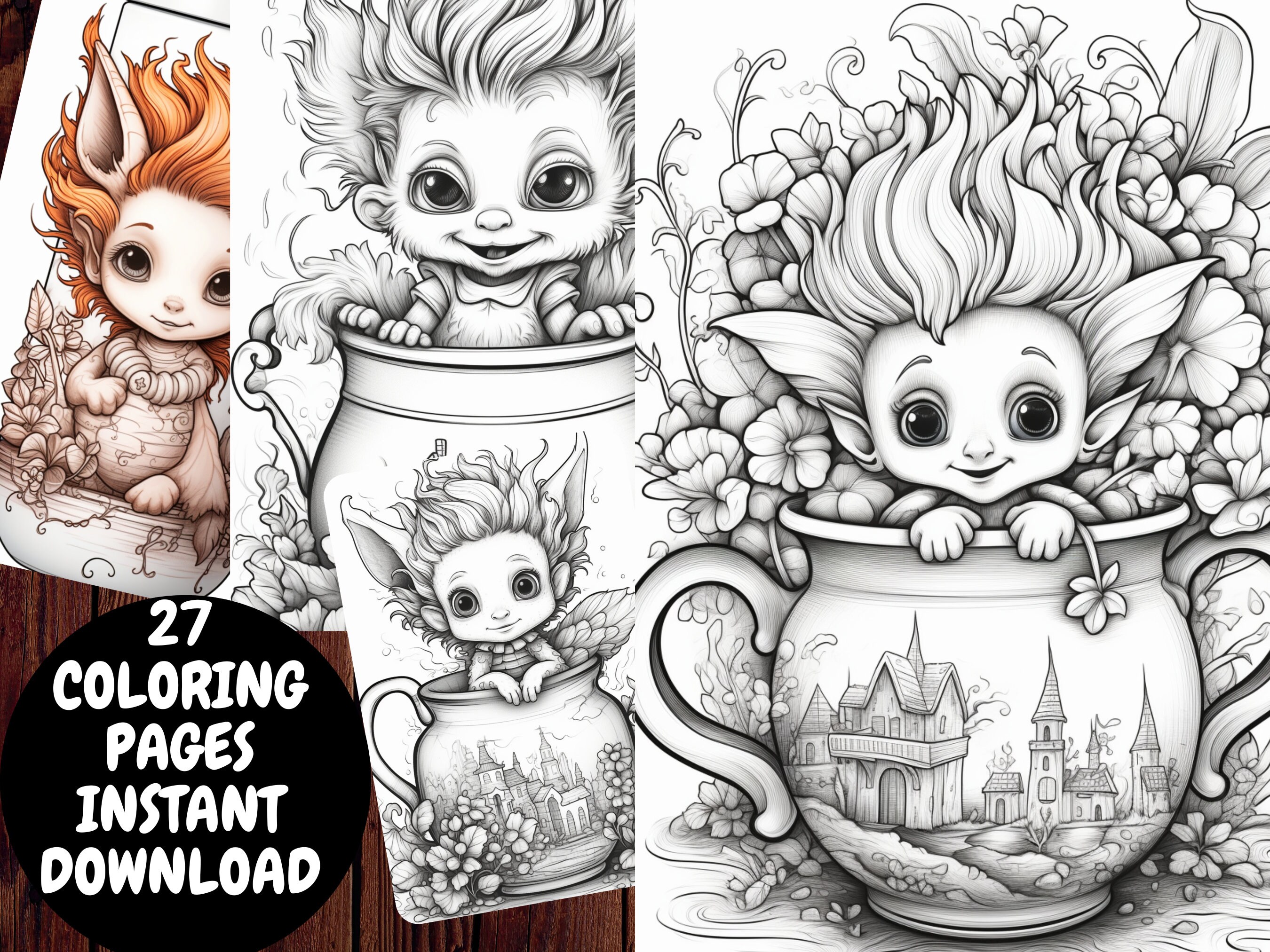 27 Cute Fantasy Coloring Pages, Adults Kids Instant Download, Grayscale ...