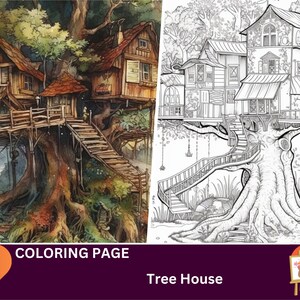 22 Fantasy Tree House Coloring Pages for Adults and Kids, Instant Download, Grayscale Coloring Book, Floral Mandala Anime Colouring Pages