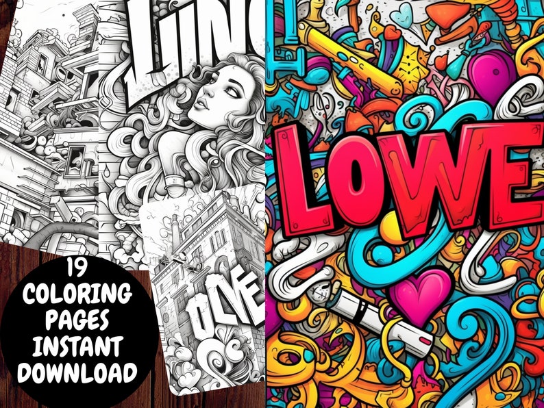 19 Graffiti Poster Style Coloring Pages, Adults Kids Instant Download ...