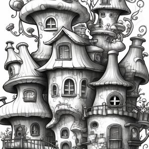 35 Fairy Houses Coloring Pages, Adults Kids Instant Download, Grayscale