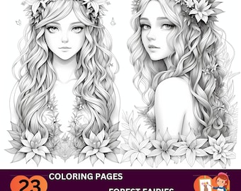 23 Forest Fairies Coloring Pages, Adults + kids- Instant Download, Grayscale, Gift, Printable Art, Fall Mandala Floral Coloring Books PDF,