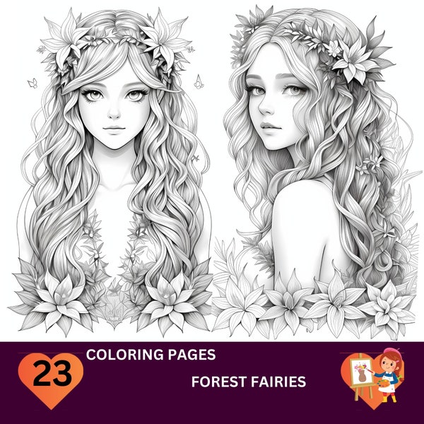 23 Forest Fairies Coloring Pages, Adults + kids- Instant Download, Grayscale, Gift, Printable Art, Fall Mandala Floral Coloring Books PDF,