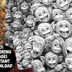May include: A black and white illustration of a group of monkeys with smiling faces. The monkeys are all looking at the viewer. The image is a coloring page. The text "31 Coloring Pages Instant Download" is at the bottom of the image.