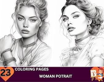 23 Masterpiece Woman Coloring Pages, Adults + kids- Instant Download, Grayscale, Gift, Printable Art, Fall Mandala Floral Coloring Books PDF