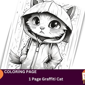 1 Graffiti Style Cute Cat Coloring Pages for Adults and Kids, Instant Download, Grayscale Coloring Book, Floral Mandala Anime Colouring Page