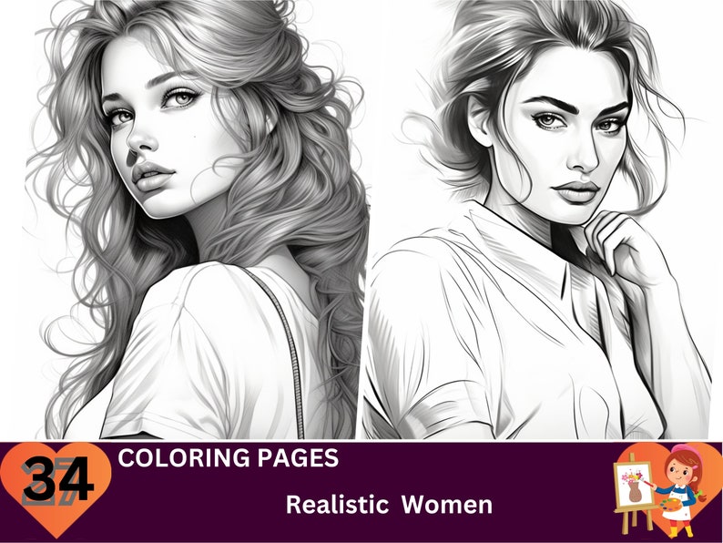 34 Realistic Woman Coloring Pages, Adults + Kids- Instant Download ...