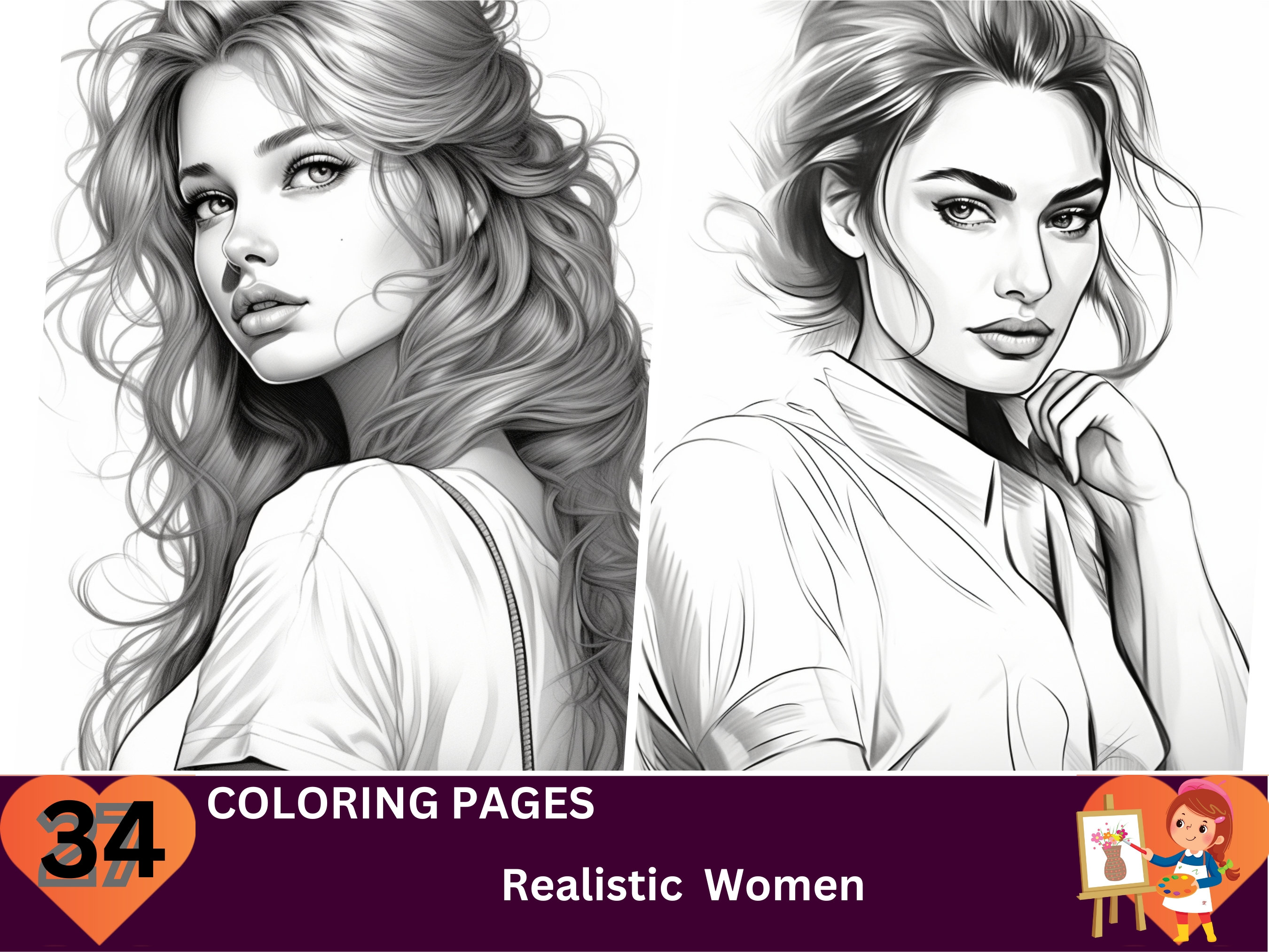 34 Realistic Woman Coloring Pages, Adults + Kids Instant Download