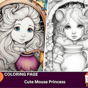 24 Cute Mouse Princess Coloring Pages for Adults and Kids, Instant Download, Grayscale Coloring Book, Floral Mandala Anime Colouring Page