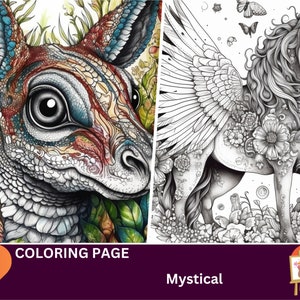 22 Mystical Fantasy Coloring Pages for Adults and Kids, Instant Download, Grayscale Coloring Book, Floral Mandala Anime Colouring Page