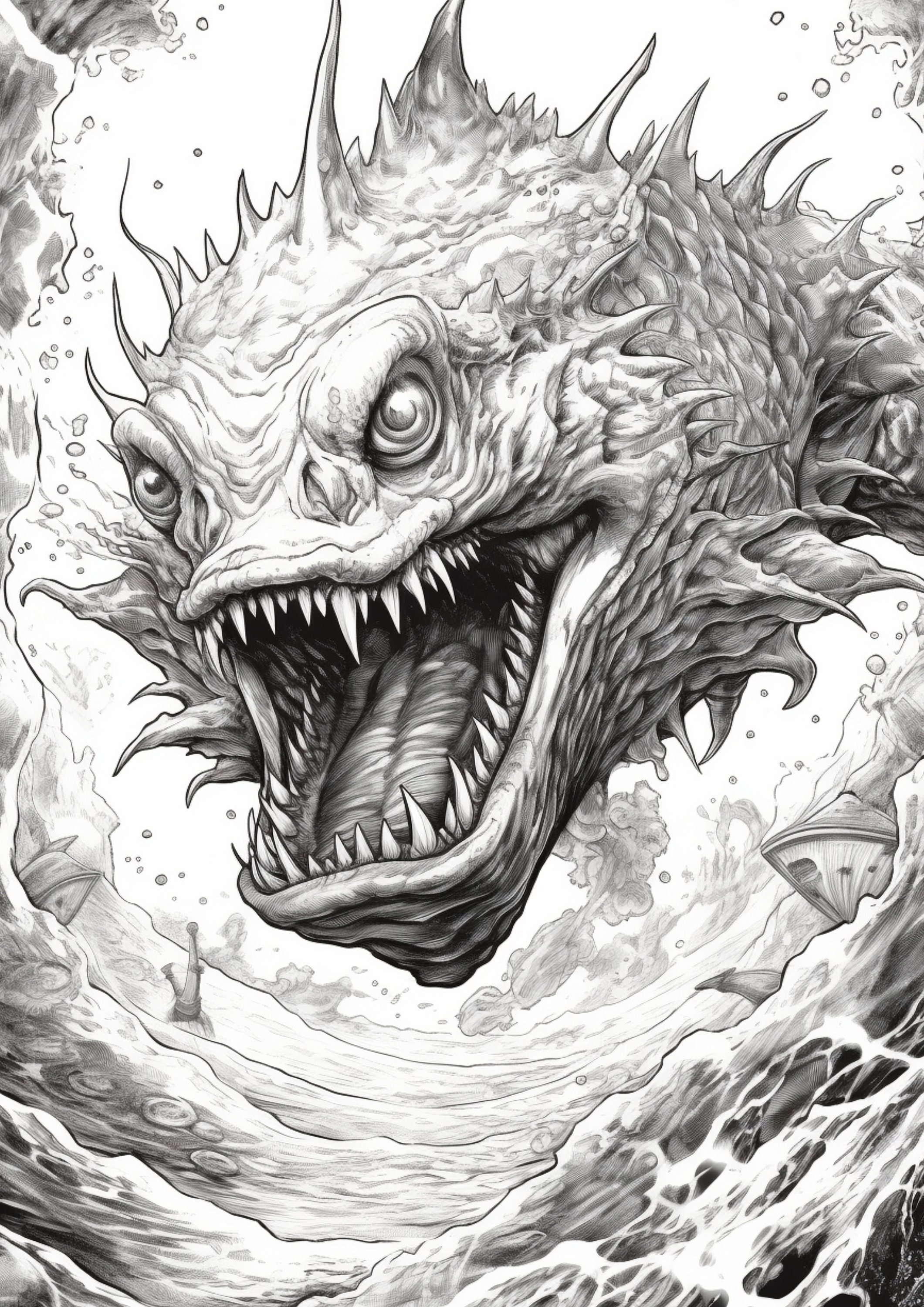 20 Under Sea Monster Coloring Pages, Adults Kids Instant Download