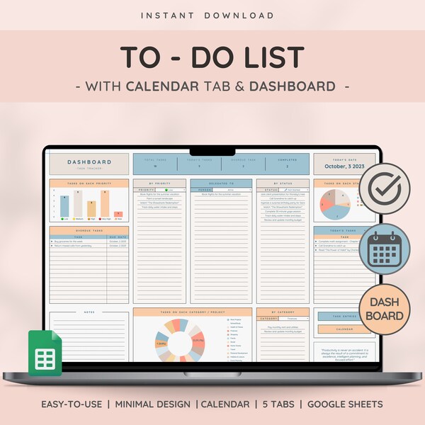 To Do List, Task Tracker, and Productivity Planner - Daily, Weekly, Monthly Organization & Task Management Template with Dashboard