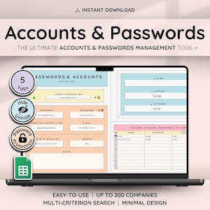 Accounts Tracker for Google Sheets | Passwords Tracker Spreadsheet Template with Password List & Log for Organizer