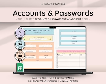 Accounts Tracker for Google Sheets | Passwords Tracker Spreadsheet Template with Password List & Log for Organizer