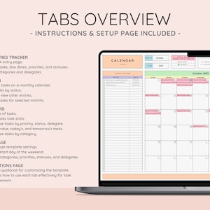 Tabs Overview - Setup Page, Task Entries Tracker, Calendar, Dashboard - All-in-One Task Management Template for Productivity