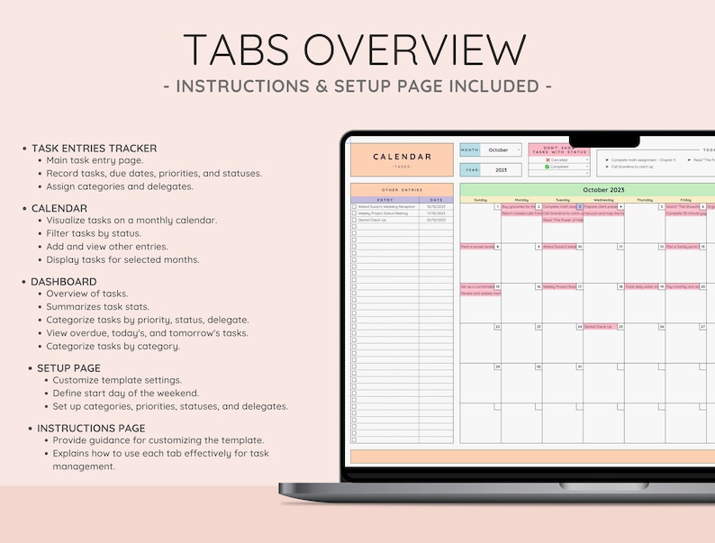 Tabs Overview - Setup Page, Task Entries Tracker, Calendar, Dashboard - All-in-One Task Management Template for Productivity