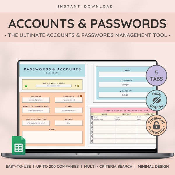 Accounts Tracker für Google Sheets | Passwörter Tracker Spreadsheet Template mit Passwort Liste & Log für Organizer