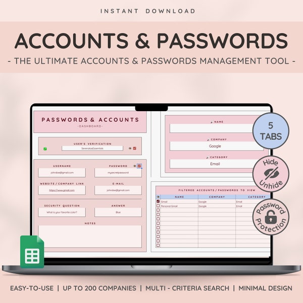 Password Tracker for Google Sheets | Password Organizer Spreadsheet Template with Password List & Log | Accounts Tracker