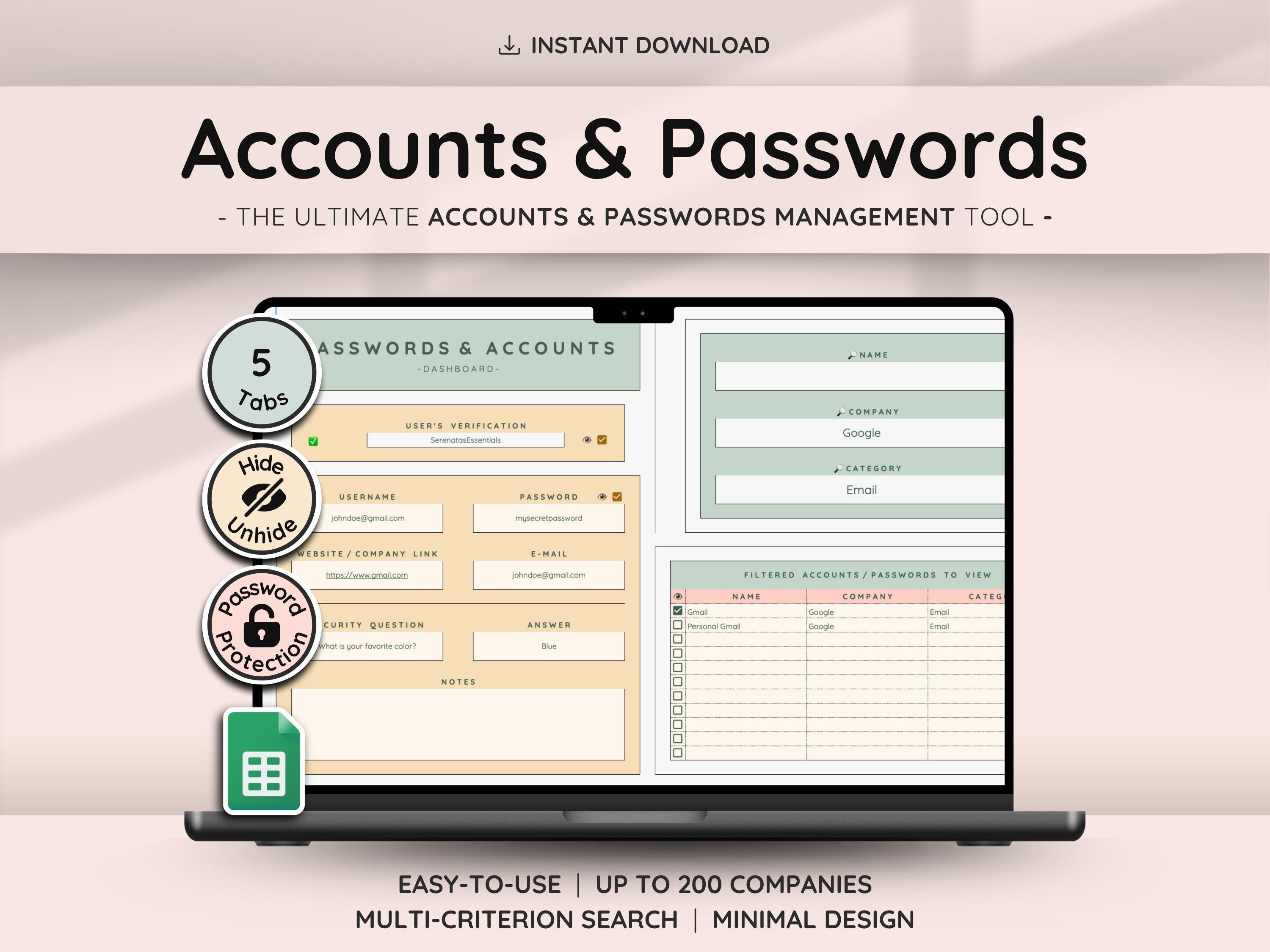 Accounts & Password Tracker for Google Sheets | Password Organizer Spreadsheet Template with Password Log and List