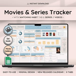 Shows Movies & Videos Tracker with Gallery Collection | Series Planner with Review Spreadsheet | Great Gift for Film Lovers