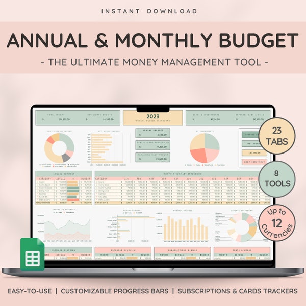 Annual Budget Planner & Monthly Budget Template for Google Sheets | Financial Planner | Bill Tracker and Debt Tracker