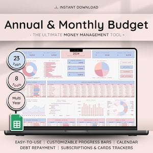 Annual Budget Spreadsheet & Monthly Budget Planner for Google Sheets | Debt and Savings, Spending and Income Tracker