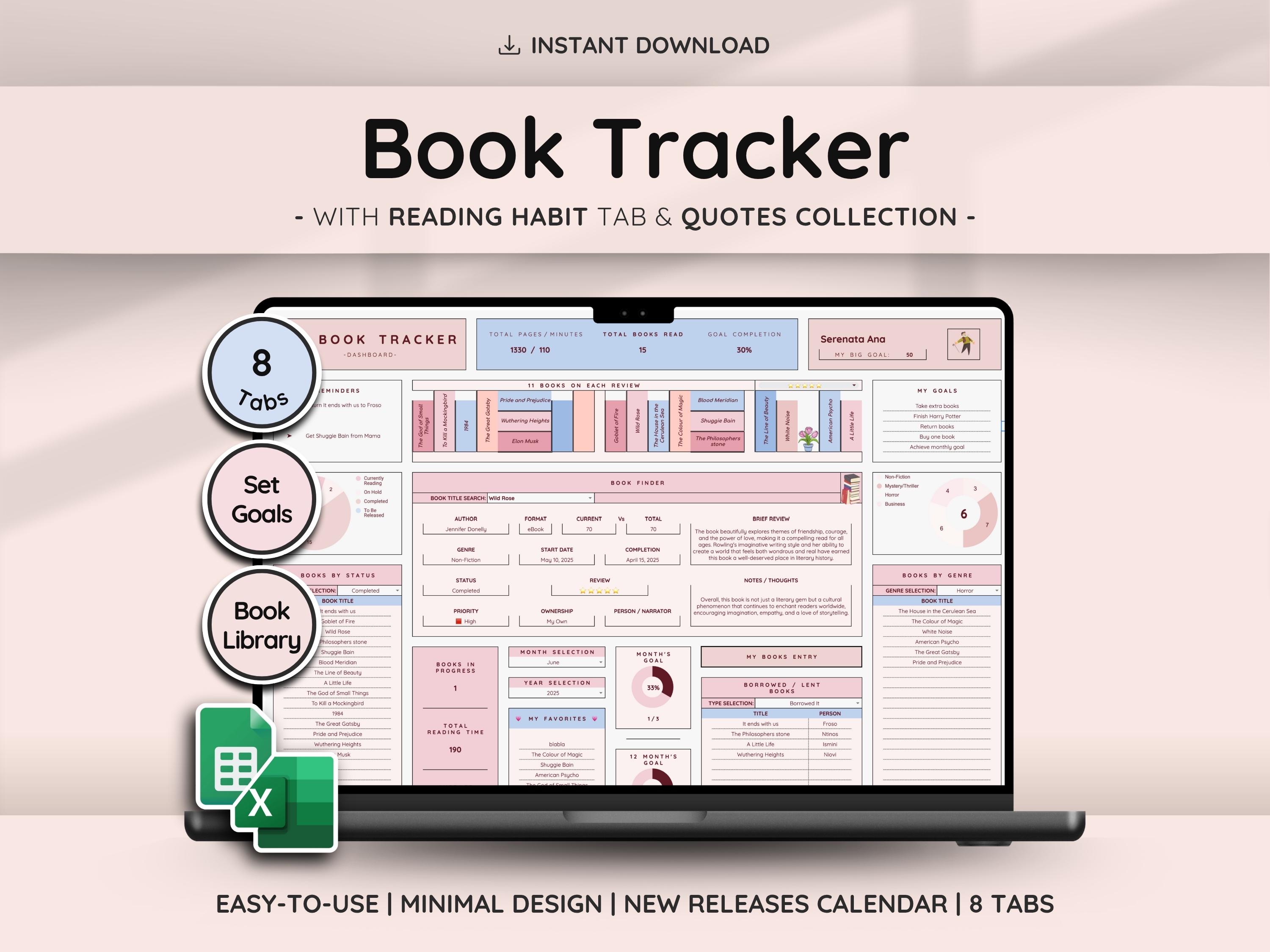 Ultimate Book & Reading Tracker with Book Collection | Reading Planner and Book Review Spreadsheet | Great Gift for Book Lovers
