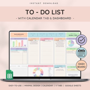 To Do List, Task Tracker, and Productivity Planner - Daily, Weekly, Monthly Organization & Task Management Template with Dashboard